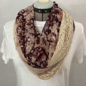 Purple and Cream Floral and Lace Infinity Scarf
